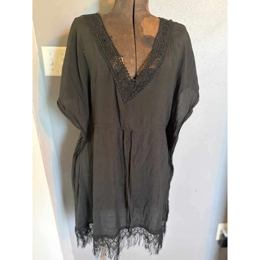 Cover 2 Cover Black Lace Trim Fringe Swim Cover Up Kaftan Dress Womens Medium
